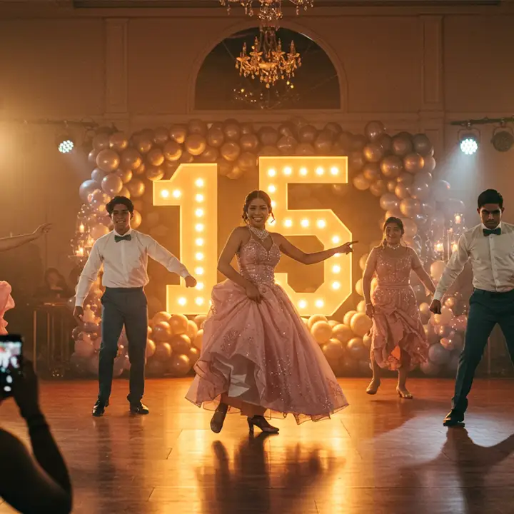 Quinceañera leading dance with court at 15th birthday, StepFlix, Miami, FL.