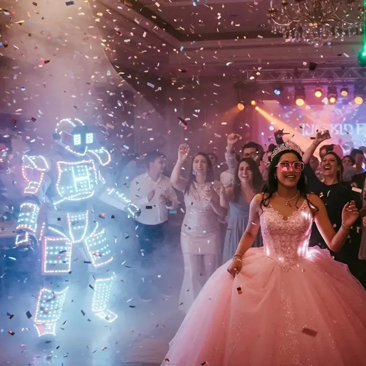 Quinceañera dancing with LED robot at Hora Loca, StepFlix, Miami, FL.