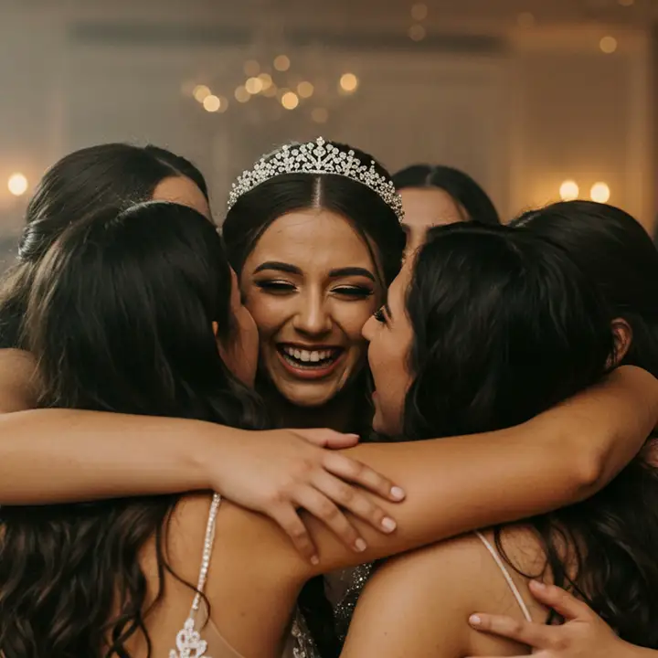 Quinceañera hugging her friends with joy, StepFlix Entertainment, Miami, FL.