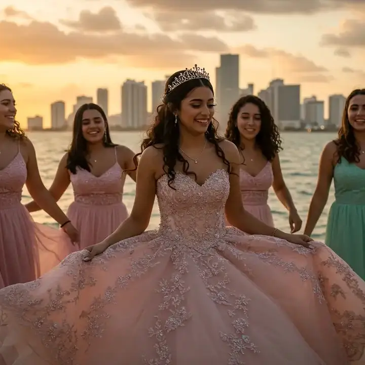 Quinceañera in pink dress with court at sunset in Miami, StepFlix Entertainment.