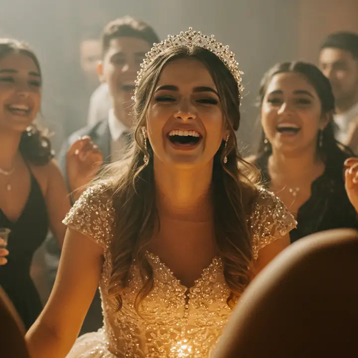 Smiling Quinceañera celebrating with friends, StepFlix Entertainment, Miami, FL.