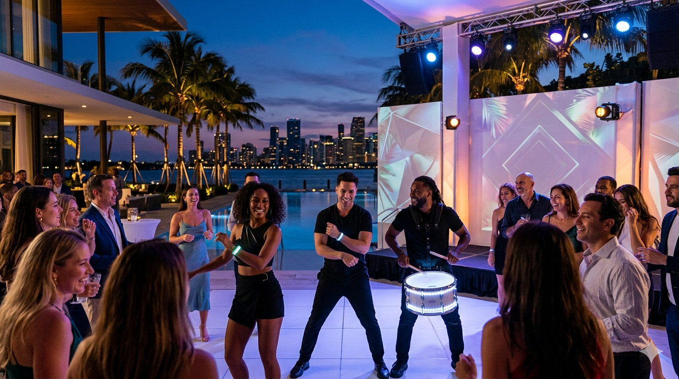 StepFlix interactive entertainment performers at a luxury Miami event.