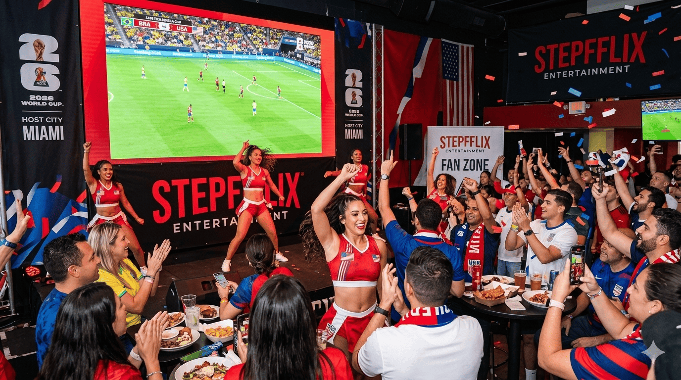Professional dancer shows by StepFlix Entertainment at a World Cup 2026 fan zone in Miami, featuring live dancers performing for a crowd in a sports bar