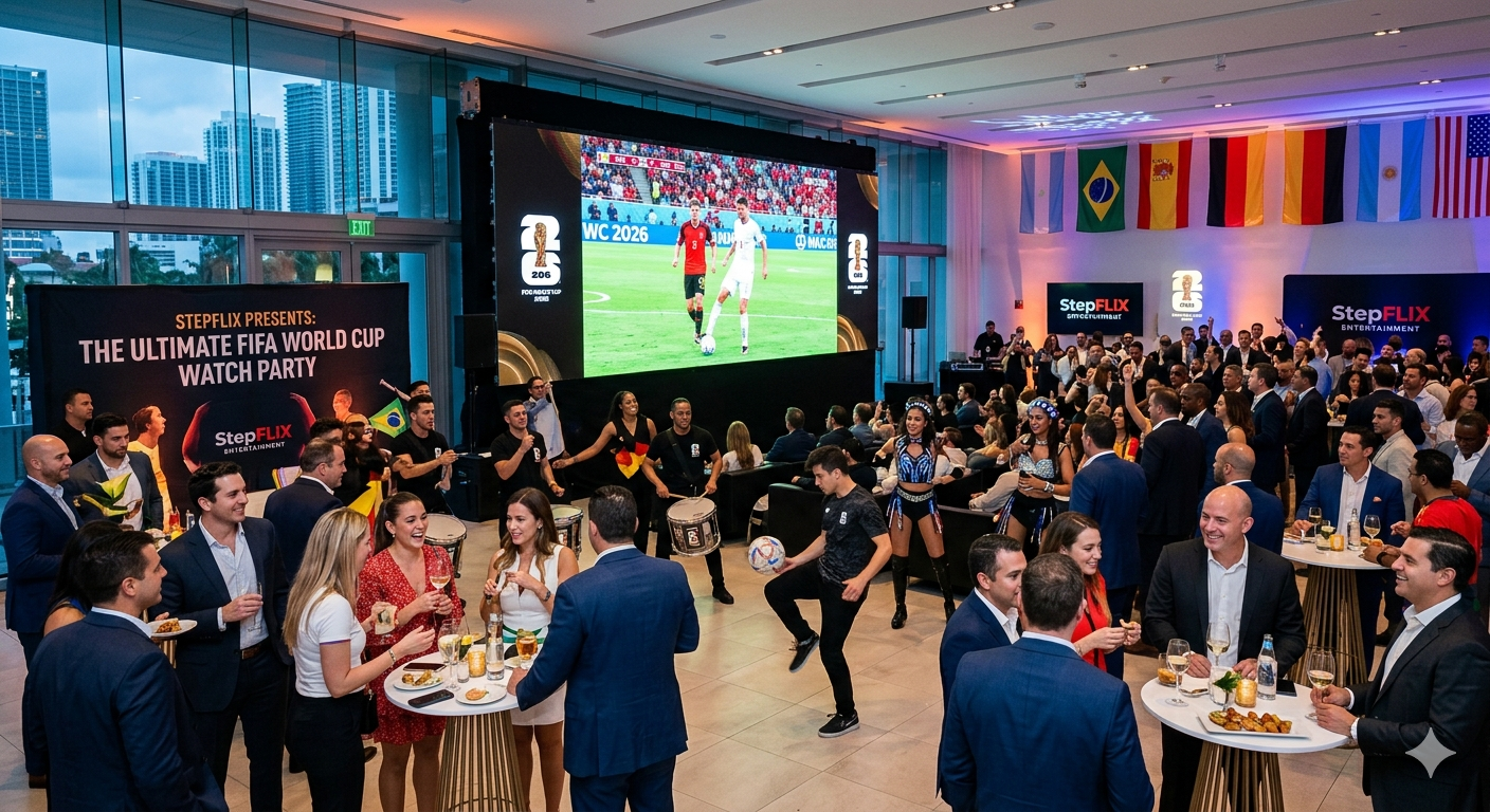 Business professionals enjoying a 2026 World Cup corporate party in Miami organized by StepFlix Entertainment.