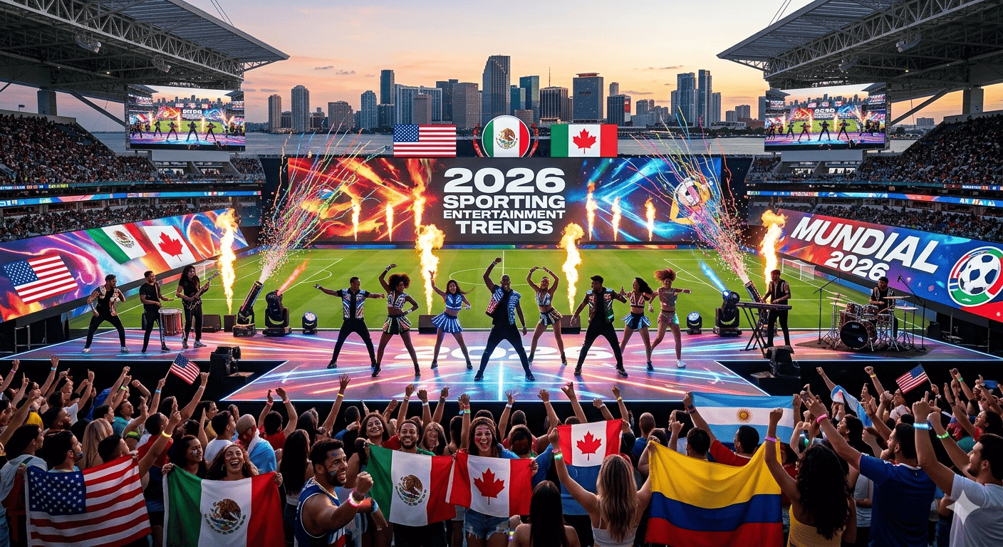 Wide-angle photo of a 2026 World Cup entertainment show in a packed stadium at sunset. Dancers perform with LED lights, fire, and confetti as fans wave flags from the USA, Mexico, Canada, and Colombia. Giant screens display "MUNDIAL 2026" and "2026 SPORTING ENTERTAINMENT TRENDS."