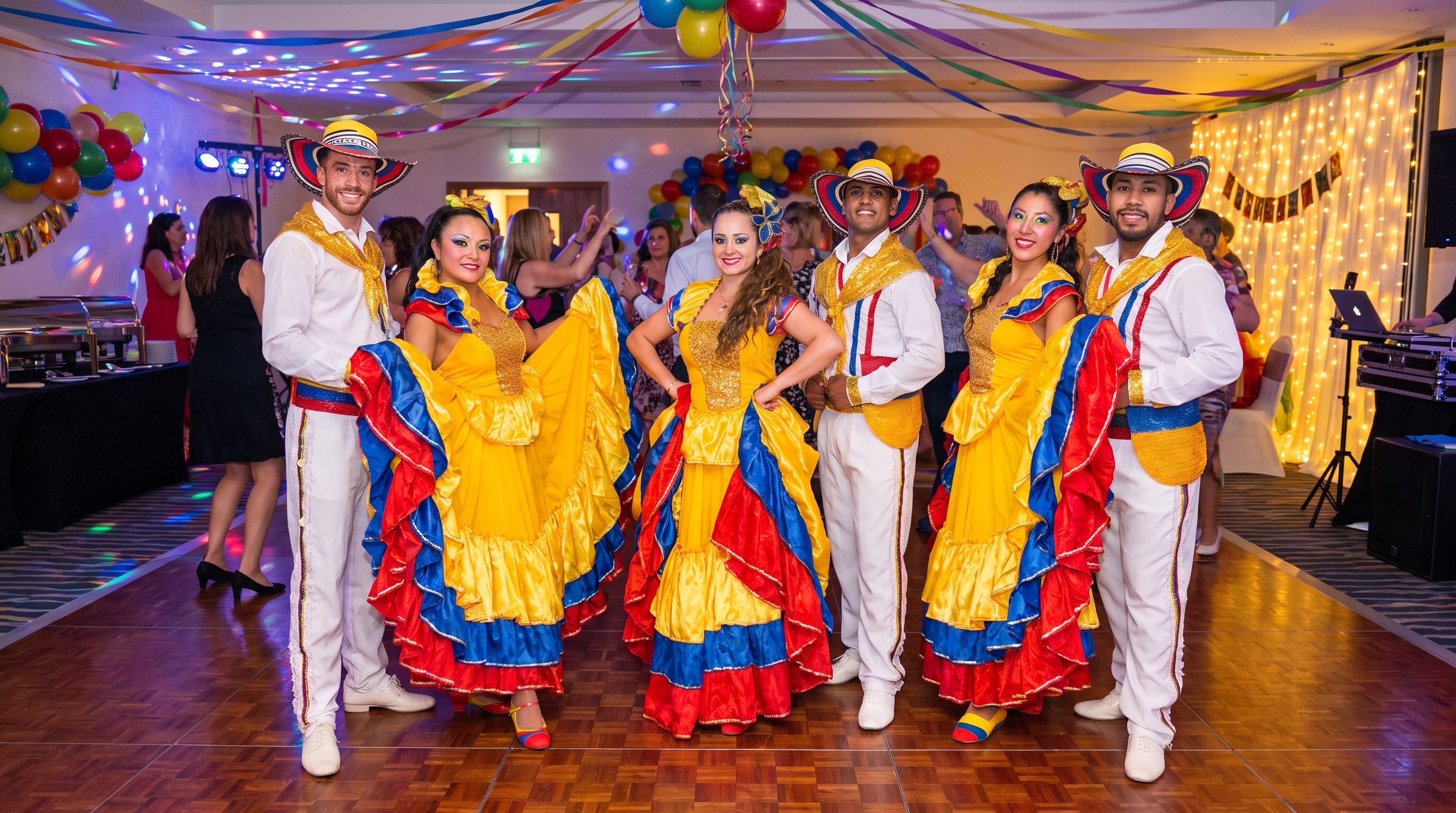 StepFlix Entertainment dancers performing in traditional yellow, blue, and red Colombian folklore costumes with vueltiao hats.